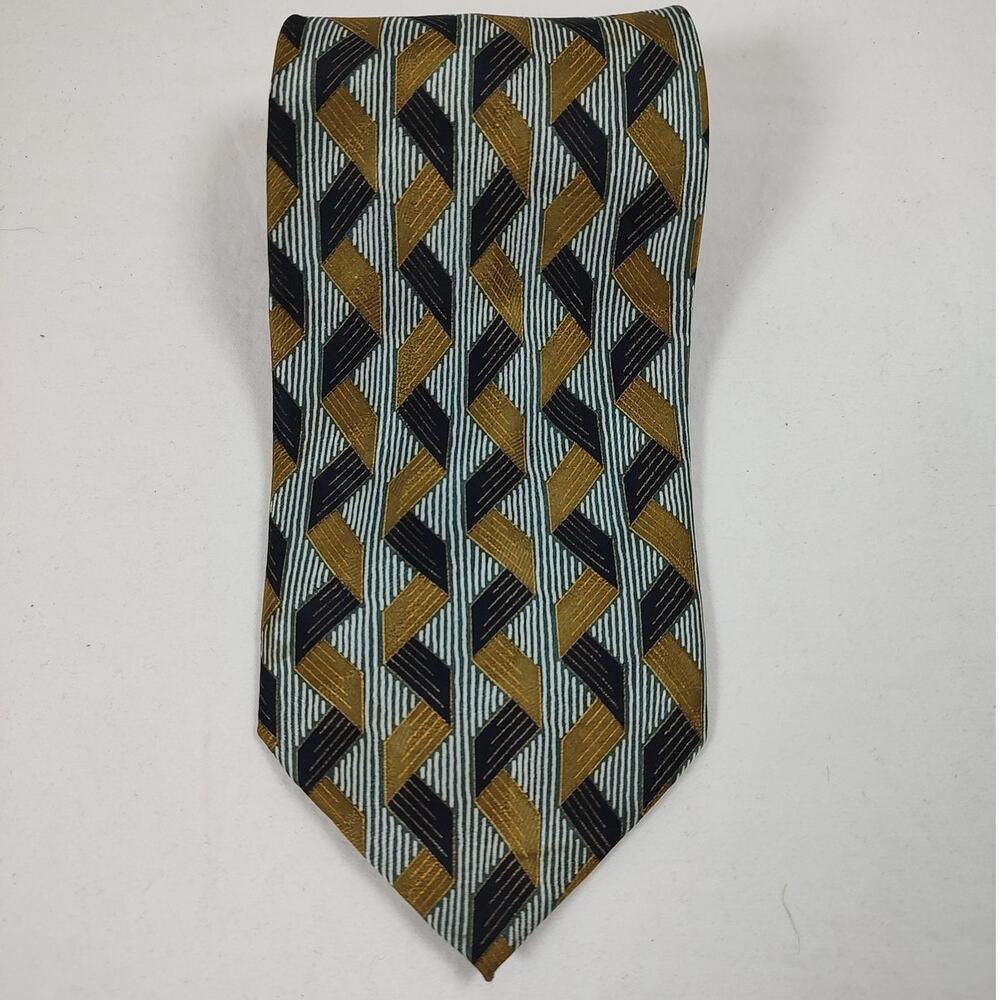 VTG  Franco Di Napoli Handmade 100% Silk Tie Geometric 3D Design Gold Gray Black